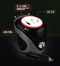 XC180 Cup Inverter, 180-watt 12V DC cigarette lighter to 120V AC to power laptop notebook & more w/ 3 USB ports 2.1A shared compatible with iPad & more