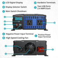 PowerBright 1100 Watt 12V Power Inverter Dual 110V AC Outlets, Installation Kit Included, Automotive Back Up Power Supply for Blenders, Vacuums, Power Tools - ETL Approved Under UL STD 458