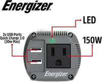 Energizer 150 Watt Power Inverter Pure Sine Wave Car Inverter, 12V to 110V Dual Mode Car Adapter, DC to AC Car Converter with Car Cigarette Lighter Plug, 110 Volts AC Outlet and 2 USB Ports